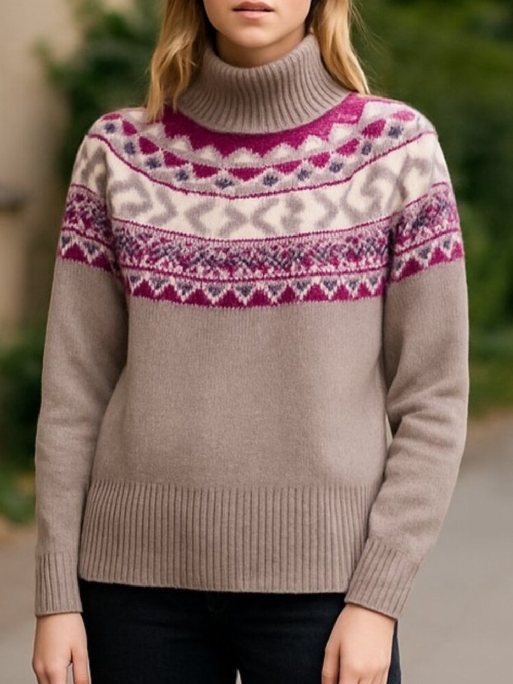 Tahari Fair Isle Turtleneck Sweater Taupe & Fuchsia Pink XS